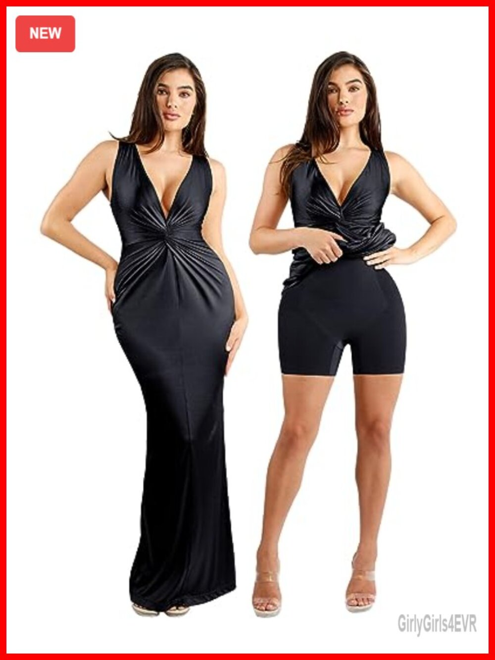 Popilush Shapewear Maxi Dress Ruched Bodycon V-Neck Glitter Formal